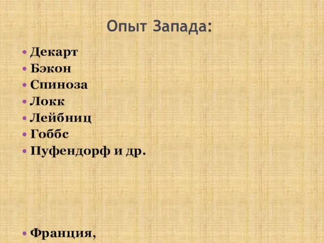 Опыт Запада: Декарт Бэкон Спиноза Локк Лейбниц Гоббс Пуфендорф и др. Франция, Дания, Швеция