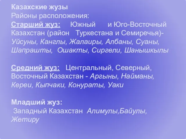 Казахские жузы Районы расположения: Старший жуз: Южный и Юго-Восточный Казахстан (район Туркестана и