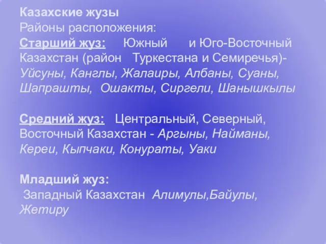 Казахские жузы Районы расположения: Старший жуз: Южный и Юго-Восточный Казахстан