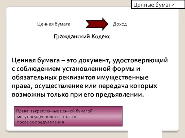 Ценные бумаги Гражданский Кодекс Ценная бумага – это документ, удостоверяющий с соблюдением установленной