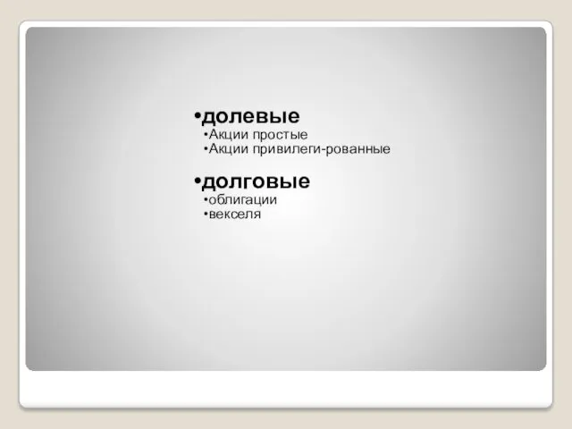 долевые Акции простые Акции привилеги-рованные долговые облигации векселя