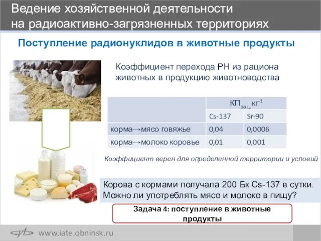 Коэффициент перехода РН из рациона животных в продукцию животноводства Поступление