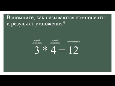 Вспомните, как называются компоненты и результат умножения? 3 * 4