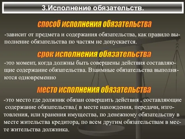 3.Исполнение обязательств. способ исполнения обязательства -зависит от предмета и содержания