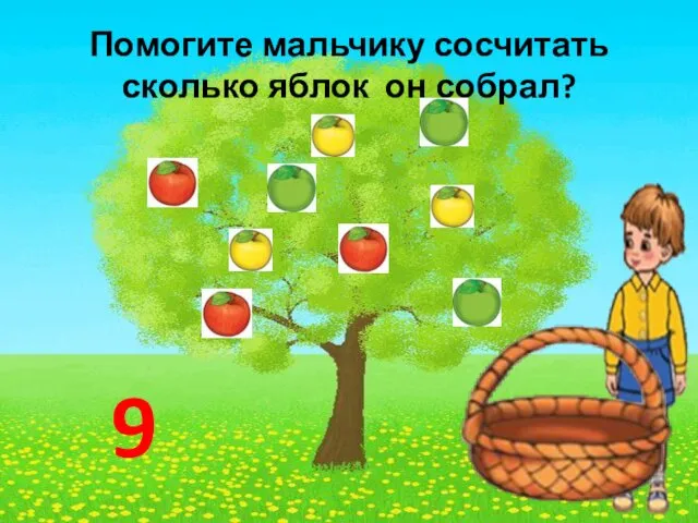Помогите мальчику сосчитать сколько яблок он собрал? 9