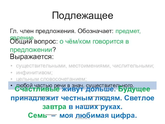 Подлежащее © InfoUrok.ru Гл. член предложения. Обозначает: предмет, явление. Общий
