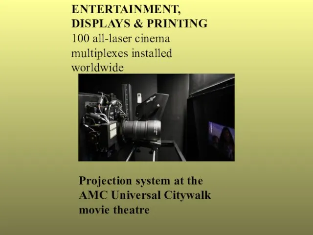 ENTERTAINMENT, DISPLAYS & PRINTING 100 all-laser cinema multiplexes installed worldwide Projection system at