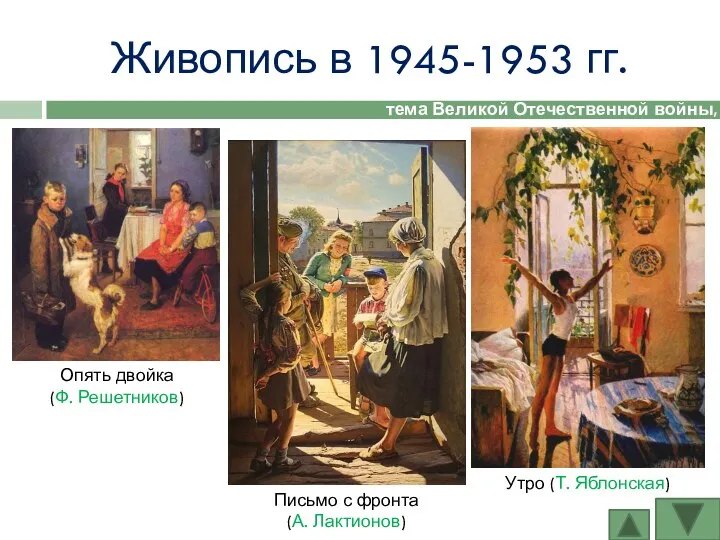 Живопись в 1945-1953 гг. тема Великой Отечественной войны, бытовая сцена