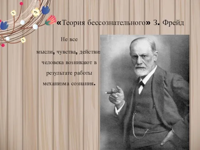 «Теория бессознательного» З. Фрейд Не все мысли, чувства, действия человека возникают в результате работы механизма сознания.