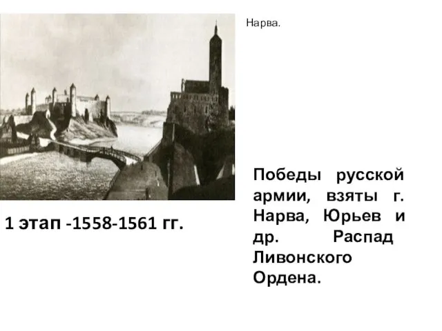 1 этап -1558-1561 гг. Победы русской армии, взяты г. Нарва,
