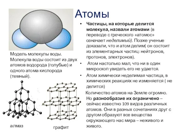 Атомы Частицы, на которые делится молекула, назвали атомами (в переводе