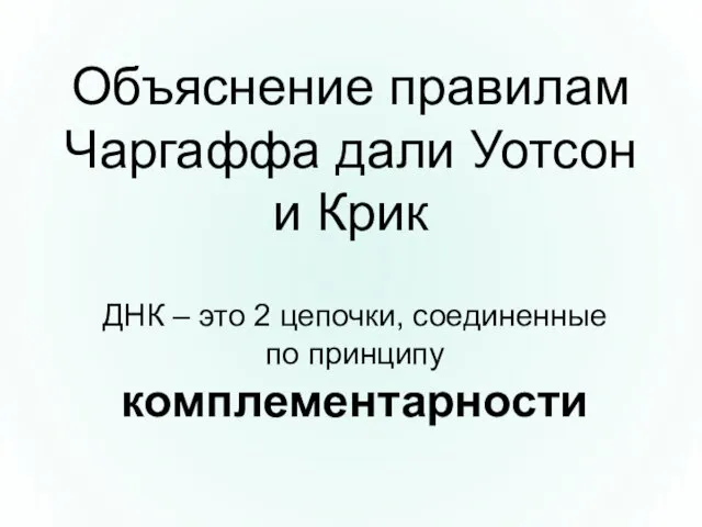 Объяснение правилам Чаргаффа дали Уотсон и Крик ДНК – это 2 цепочки, соединенные по принципу комплементарности