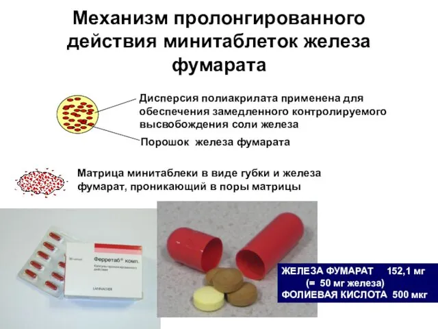 Механизм пролонгированного действия минитаблеток железа фумарата Дисперсия полиакрилата применена для