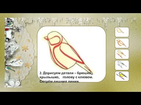 2. Дорисуем детали – брюшко, крылышко, голову с клювом. Сотрём лишние линии.