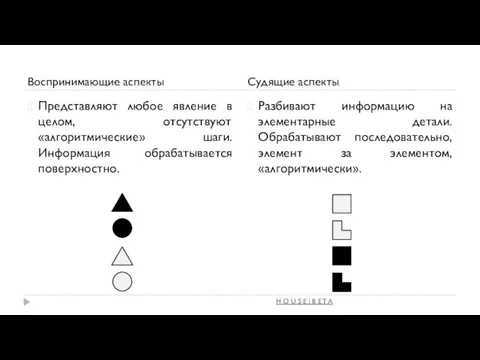 Воспринимающие аспекты Судящие аспекты Представляют любое явление в целом, отсутствуют