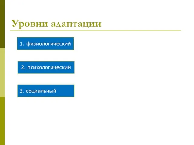 Уровни адаптации 3. социальный 2. психологический 1. физиологический