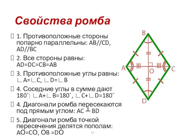 Свойства ромба 1. Противоположные стороны попарно параллельны: AB//CD, AD//BC 2.