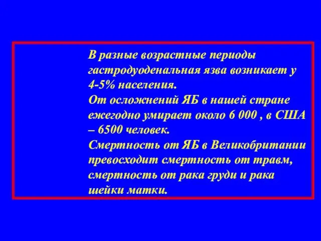 В разные возрастные периоды гастродуоденальная язва возникает у 4-5% населения.