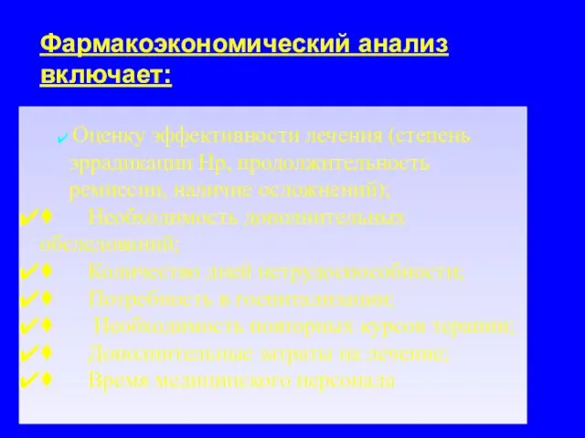 Фармакоэкономический анализ включает: Оценку эффективности лечения (степень эррадикации Нр, продолжительность