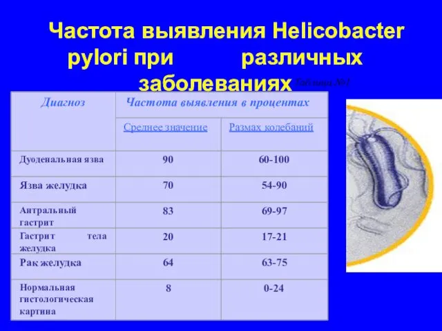 Частота выявления Helicobacter pylori при различных заболеваниях Таблица №1