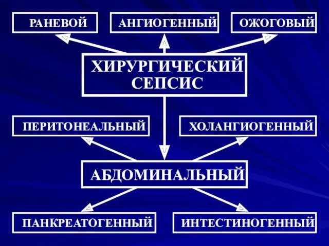 ХИРУРГИЧЕСКИЙ СЕПСИС РАНЕВОЙ ОЖОГОВЫЙ АНГИОГЕННЫЙ АБДОМИНАЛЬНЫЙ ПЕРИТОНЕАЛЬНЫЙ ПАНКРЕАТОГЕННЫЙ ХОЛАНГИОГЕННЫЙ ИНТЕСТИНОГЕННЫЙ