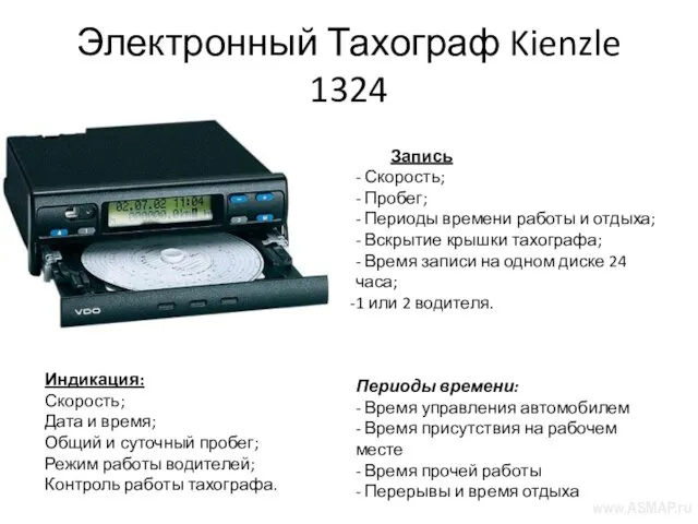 Электронный Тахограф Kienzle 1324 Запись - Скорость; - Пробег; - Периоды времени работы