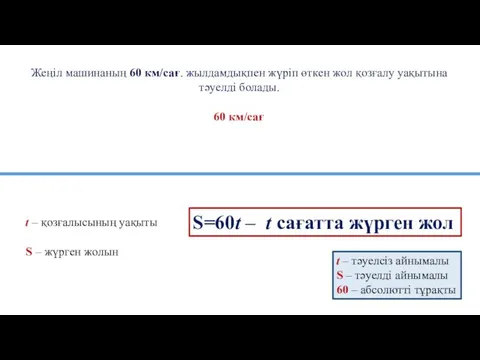 Жеңіл машинаның 60 км/сағ. жылдамдықпен жүріп өткен жол қозғалу уақытына