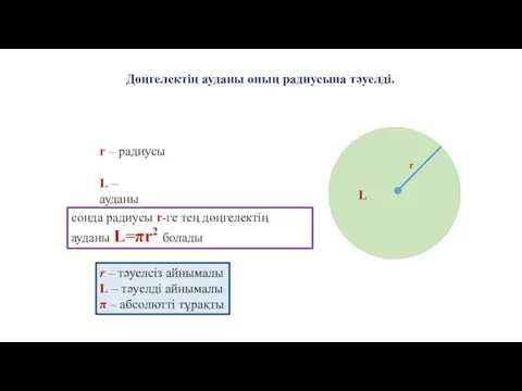 Дөңгелектің ауданы оның радиусына тәуелді. r – радиусы L –