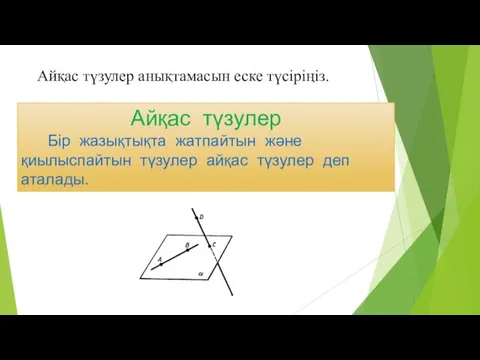 Айқас түзулер анықтамасын еске түсіріңіз. Айқас түзулер Бір жазықтықта жатпайтын