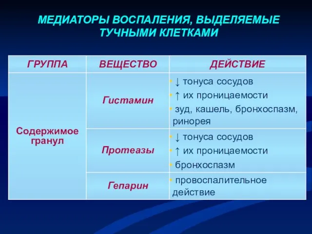 МЕДИАТОРЫ ВОСПАЛЕНИЯ, ВЫДЕЛЯЕМЫЕ ТУЧНЫМИ КЛЕТКАМИ