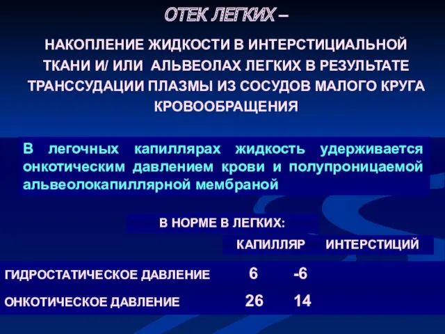 ОТЕК ЛЕГКИХ – НАКОПЛЕНИЕ ЖИДКОСТИ В ИНТЕРСТИЦИАЛЬНОЙ ТКАНИ И/ ИЛИ