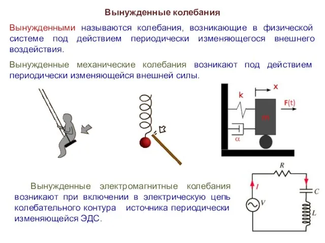 Вынужденные колебания Вынужденными называются колебания, возникающие в физической системе под