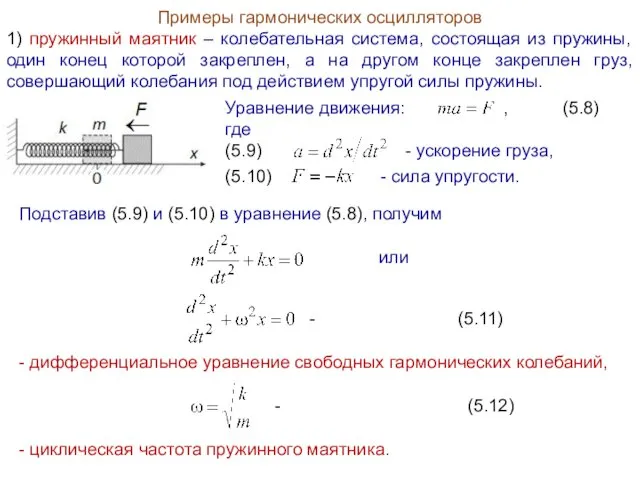 Примеры гармонических осцилляторов 1) пружинный маятник – колебательная система, состоящая