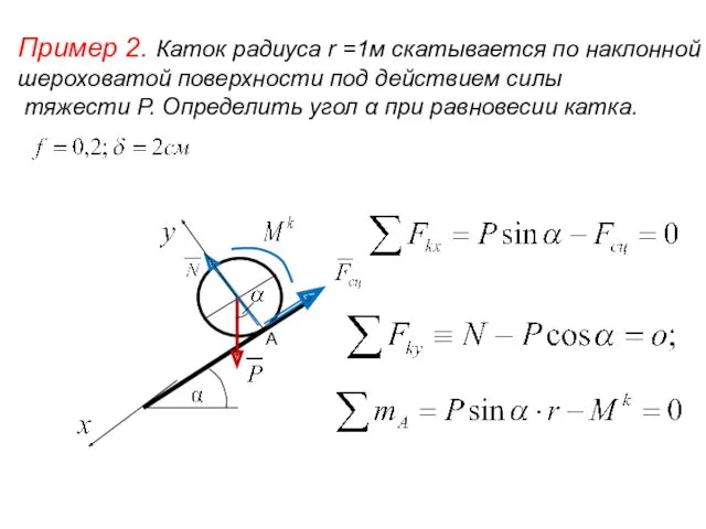 Пример 2. Каток радиуса r =1м скатывается по наклонной шероховатой