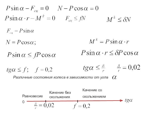 Различные состояния колеса в зависимости от угла 0 Равновесие Качение без скольжения Качение со скольжением