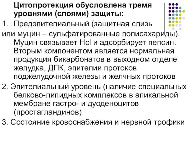 Цитопротекция обусловлена тремя уровнями (слоями) защиты: 1. Предэпителиальный (защитная слизь