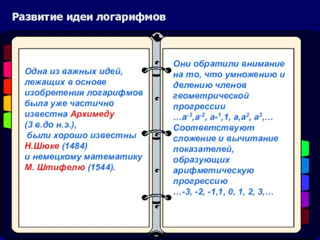 Развитие идеи логарифмов Одна из важных идей, лежащих в основе