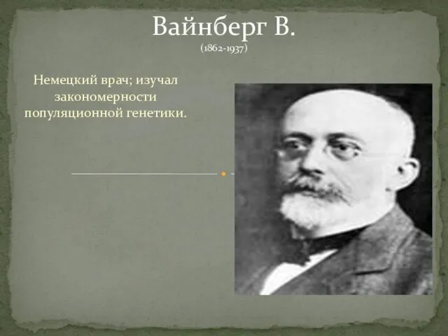 Немецкий врач; изучал закономерности популяционной генетики. Вайнберг В. (1862-1937)