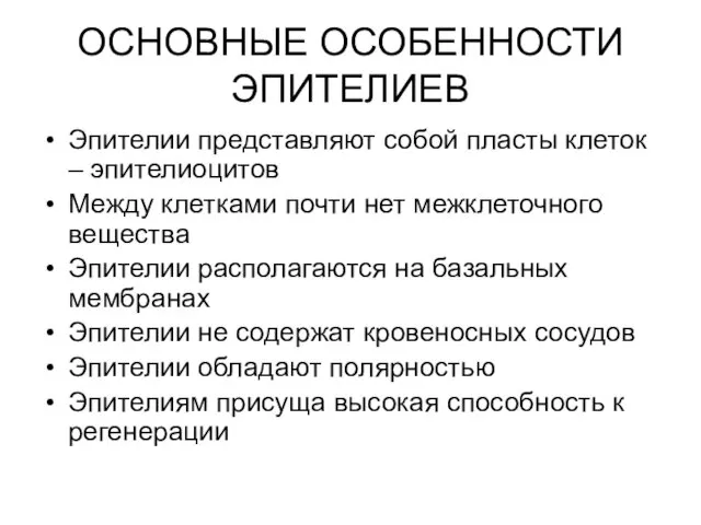 ОСНОВНЫЕ ОСОБЕННОСТИ ЭПИТЕЛИЕВ Эпителии представляют собой пласты клеток – эпителиоцитов