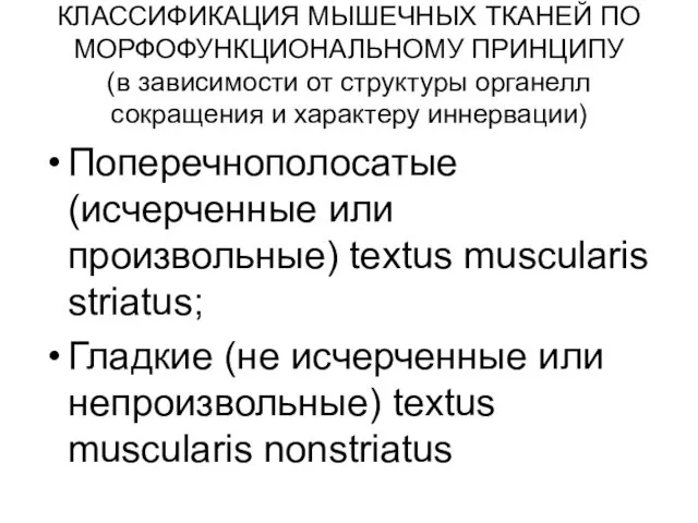 КЛАССИФИКАЦИЯ МЫШЕЧНЫХ ТКАНЕЙ ПО МОРФОФУНКЦИОНАЛЬНОМУ ПРИНЦИПУ (в зависимости от структуры