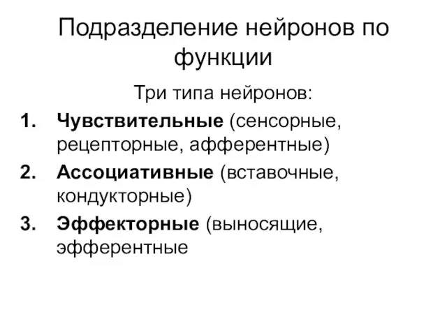 Подразделение нейронов по функции Три типа нейронов: Чувствительные (сенсорные, рецепторные,