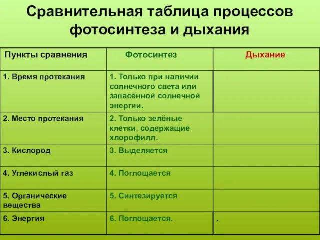 Сравнительная таблица процессов фотосинтеза и дыхания