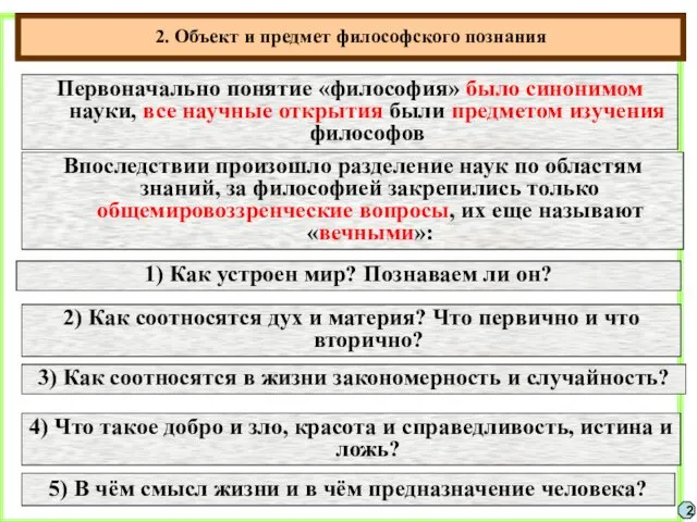 2. Объект и предмет философского познания 2 Первоначально понятие «философия» было синонимом науки,