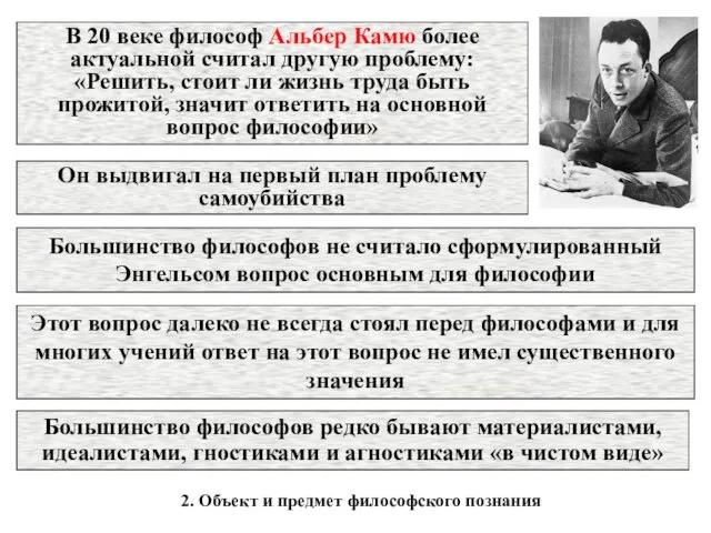 2. Объект и предмет философского познания Он выдвигал на первый план проблему самоубийства