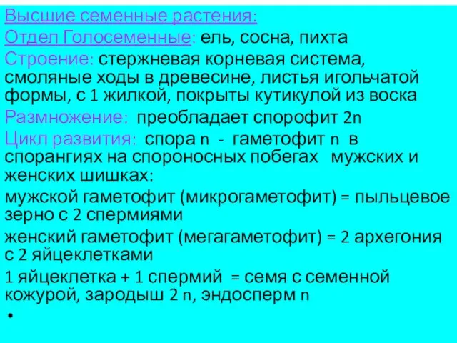 Высшие семенные растения: Отдел Голосеменные: ель, сосна, пихта Строение: стержневая