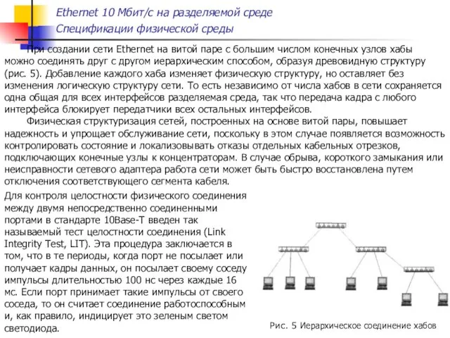 Рис. 5 Иерархическое соединение хабов При создании сети Ethernet на