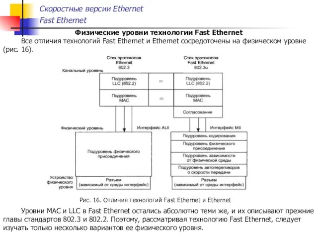 Скоростные версии Ethernet Fast Ethernet Физические уровни технологии Fast Ethernet