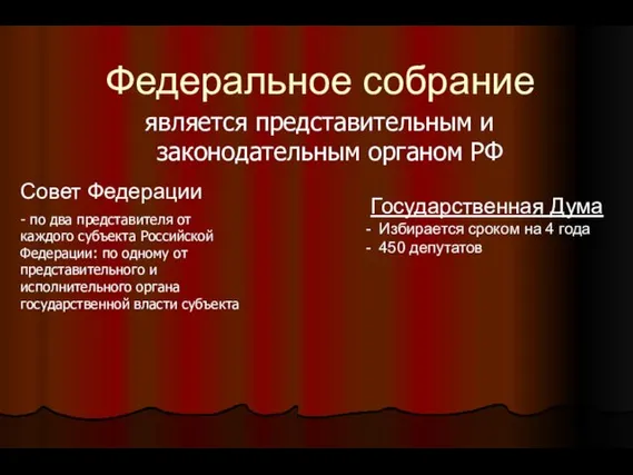 Федеральное собрание является представительным и законодательным органом РФ Государственная Дума