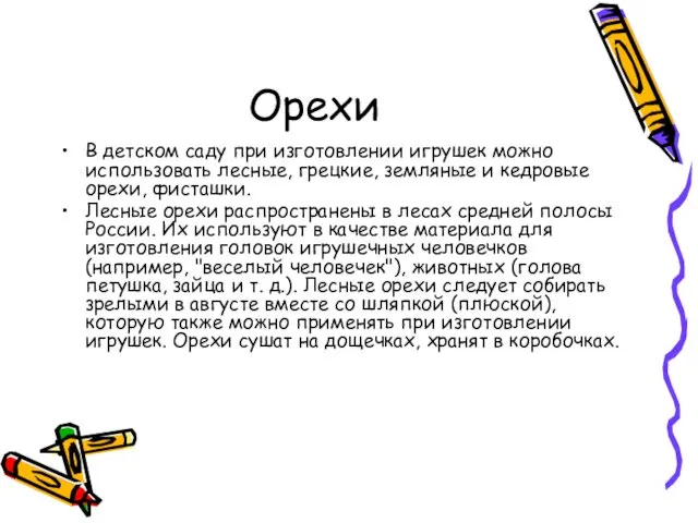 Орехи В детском саду при изготовлении игрушек можно использовать лесные,