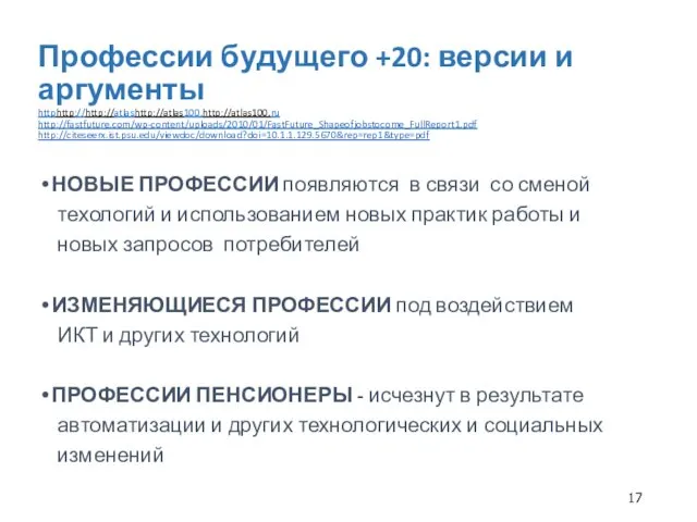 Профессии будущего +20: версии и аргументы httphttp://http://atlashttp://atlas100.http://atlas100.ru http://fastfuture.com/wp-content/uploads/2010/01/FastFuture_Shapeofjobstocome_FullReport1.pdf http://citeseerx.ist.psu.edu/viewdoc/download?doi=10.1.1.129.5670&rep=rep1&type=pdf НОВЫЕ